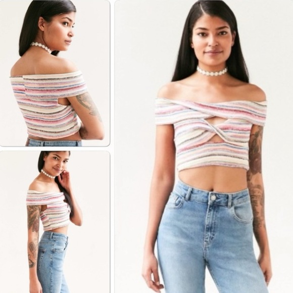 Urban Outfitters Multicolor Cream Knit Twist Front Off Shoulder Crop Top Blouse - Picture 8 of 13